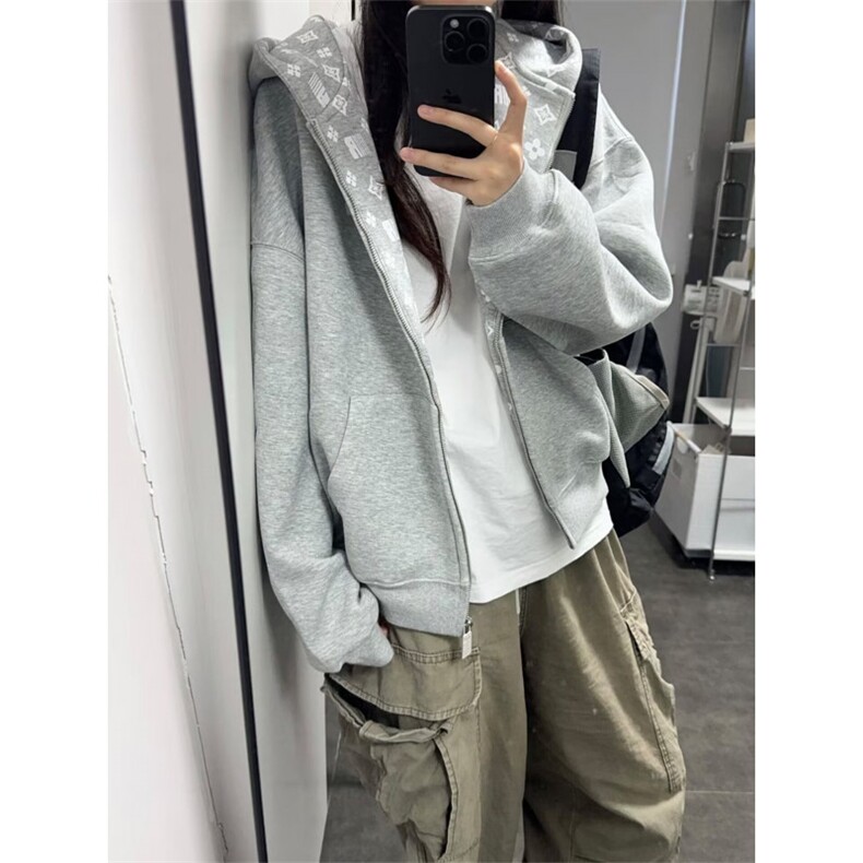 美式连帽卫衣女秋冬加绒字母印花开衫外套重磅潮牌宽松情侣上衣图片