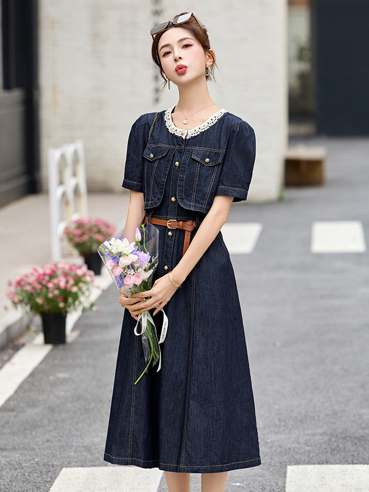 复古深蓝色短袖牛仔连衣裙女2025夏新款气质系带收腰休闲减龄裙子,女装连衣裙,沁沁公主