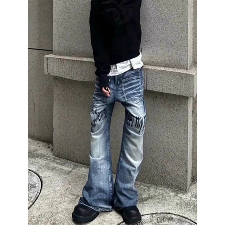 美式复古猫须字母印花微喇牛仔裤男女cleanfit街头宽松情侣休闲裤,男装牛仔裤,四季星座505