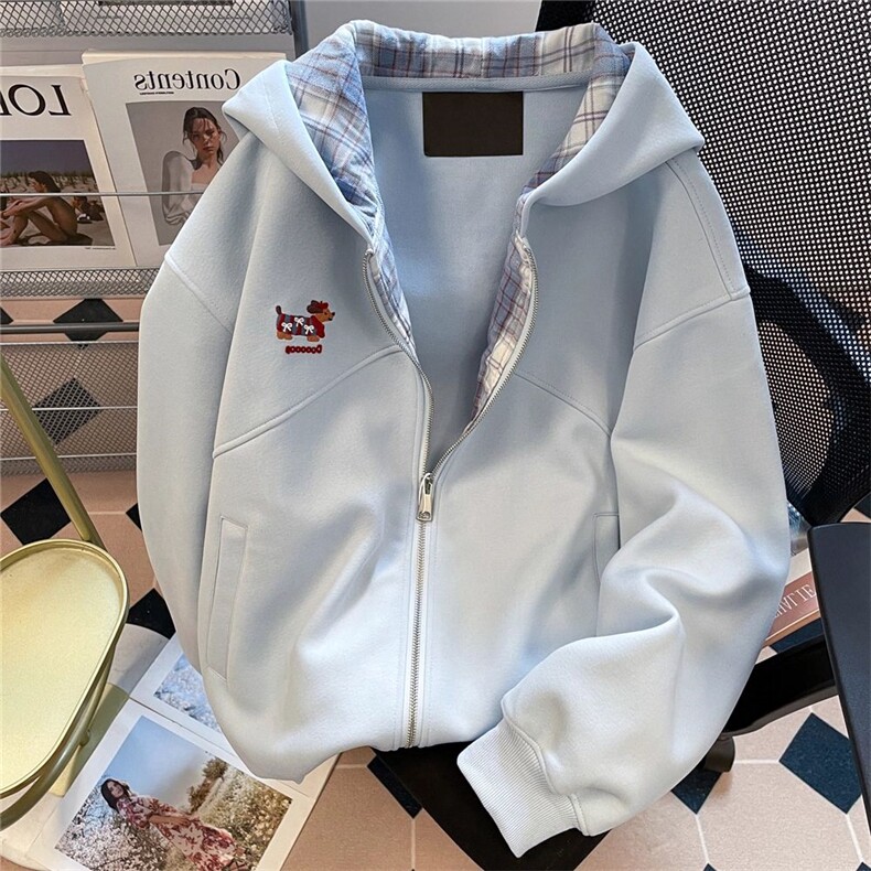 1506-1/WW1431/P51韩系格子开衫外套可爱腊肠狗刺绣连帽卫衣，女装短外套，星座1506-1