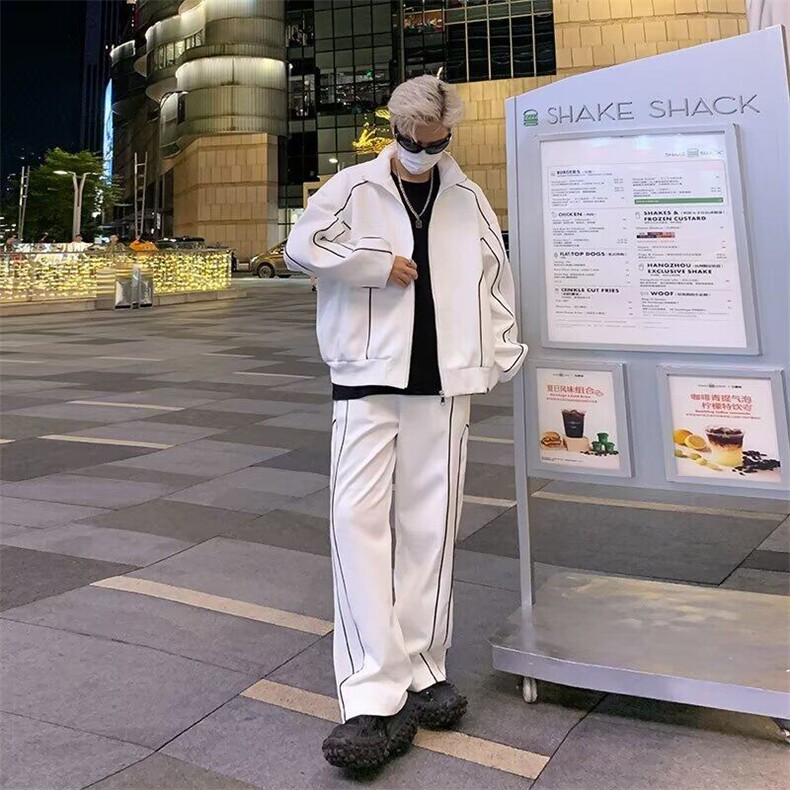 时尚高级感休闲运动套装男春秋宽松短款开衫夹克阔腿裤潮两件套男,男装夹克,星座715-4
