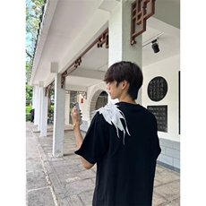 黑色立体羽翼短袖T恤男款夏季美式高街潮牌体恤纯棉重磅情侣半袖，男装T恤，星座313A(原308A-2)