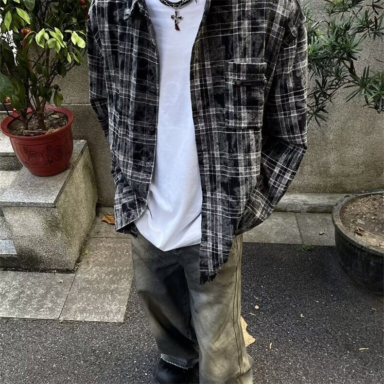 2025春季新款衬衫男女长袖蜡染格子街头潮流宽松翻领衬衣毛边个性,男装衬衫,星座506A