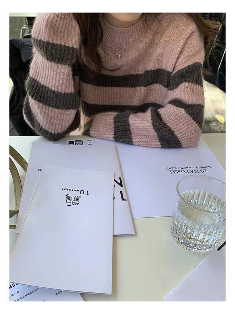 复古减龄女圆领毛衣慵懒风秋冬宽松撞色条纹针织衫,针织衫/毛衣,半城羊绒