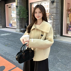黄色翻领短款双面羊绒大衣女秋冬新款超好看减龄百搭短款毛呢外套，女装毛呢外套，2D080