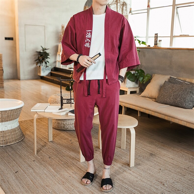 夏大码风刺绣汉服套装棉麻道袍学生情侣休闲两件套TZ01/P85，男装休闲套装，钱塘713