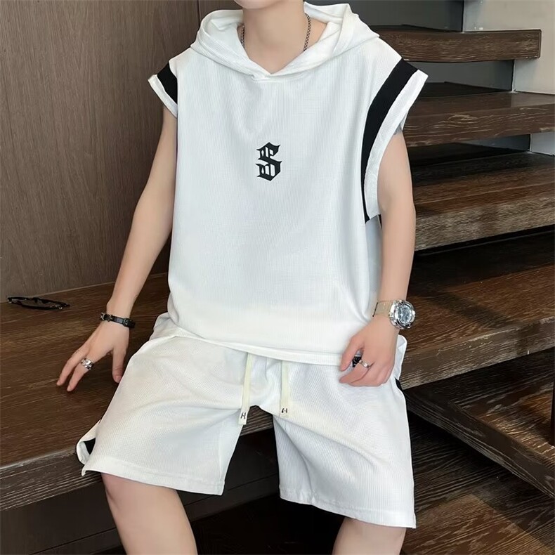 无袖套装男士韩版潮流拼色T恤连帽2024夏季宽松五分裤W5833-P50,男装牛仔裤,星座412-3