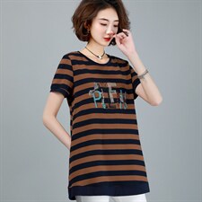 2021年夏季时尚潮流舒适简约个性拼色中长款短袖T恤,女装T恤,丽影随形