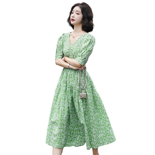 2021新款夏季连衣裙女泡泡袖V领小碎花中长裙收腰显瘦,女装连衣裙,瑶迪依秀