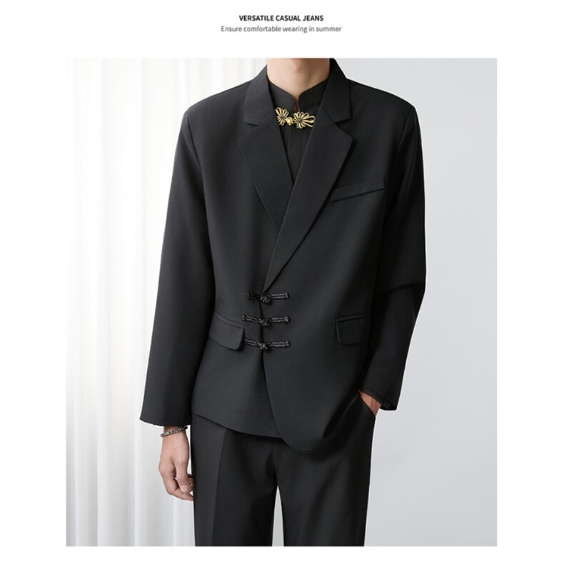 新中式黑色盘扣西装外套风中山装订婚新郎结婚礼服休闲西服,男装西服套装,星座506A