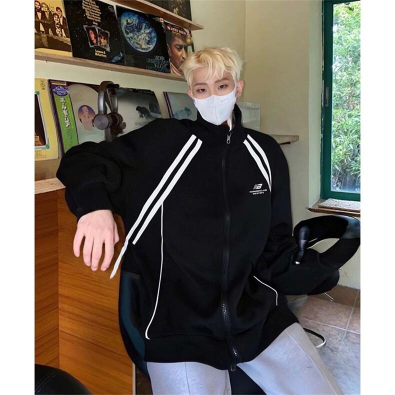 抖音得物高品质秋冬美式重磅结构织带撞色立领印花卫衣外套AW7003，女装短外套，电商A443