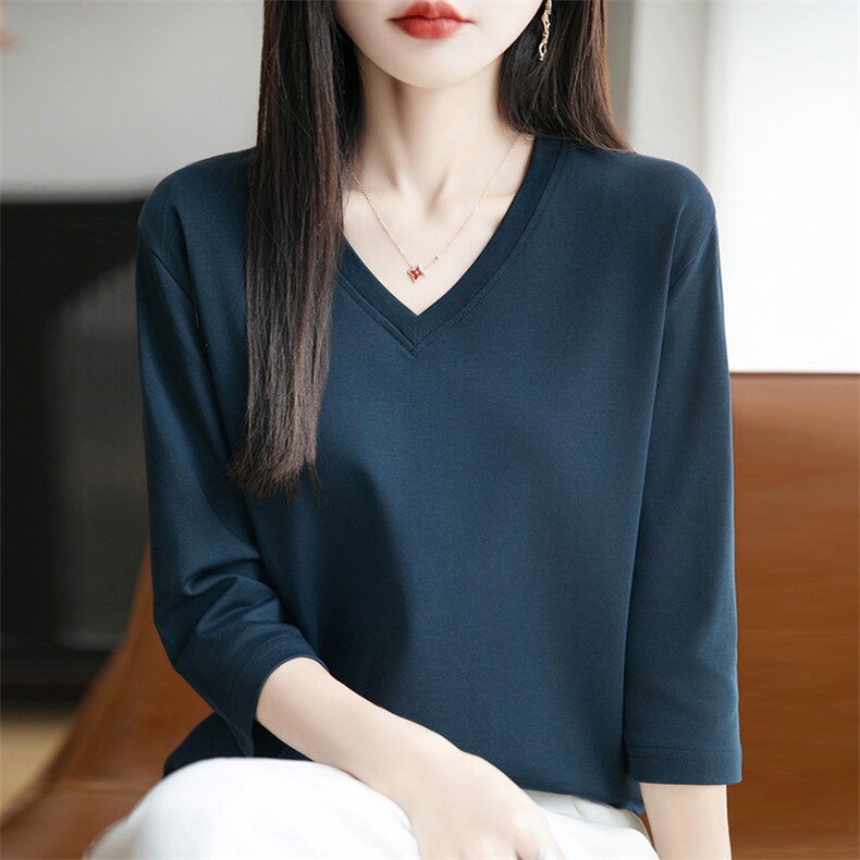 夏季新款简约V领七分袖女宽松百搭显瘦时尚休闲上衣,女装T恤,羊秋羊绒