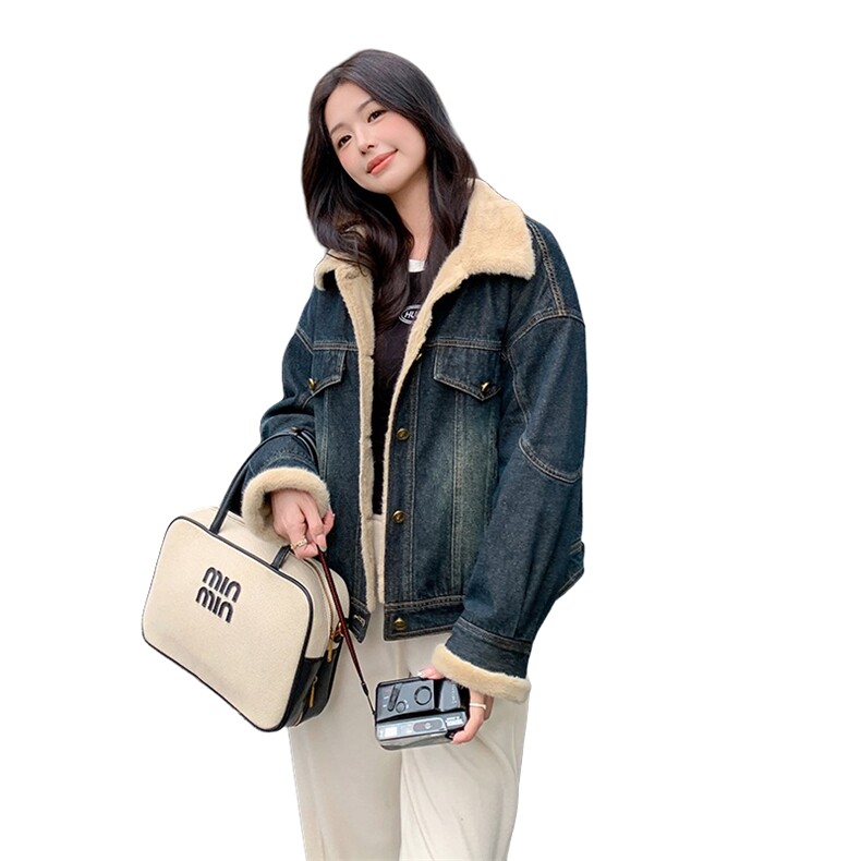 港风复古仿水貂毛牛仔外套女冬季2024新款超好看加绒加厚夹克棉服,女装棉衣/棉服,2C233