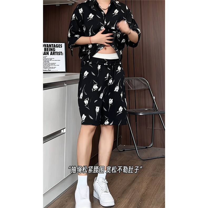 短袖衬衫男+短裤男潮流休闲套装男M-5XL大码TZ78712P50控98模特图图片