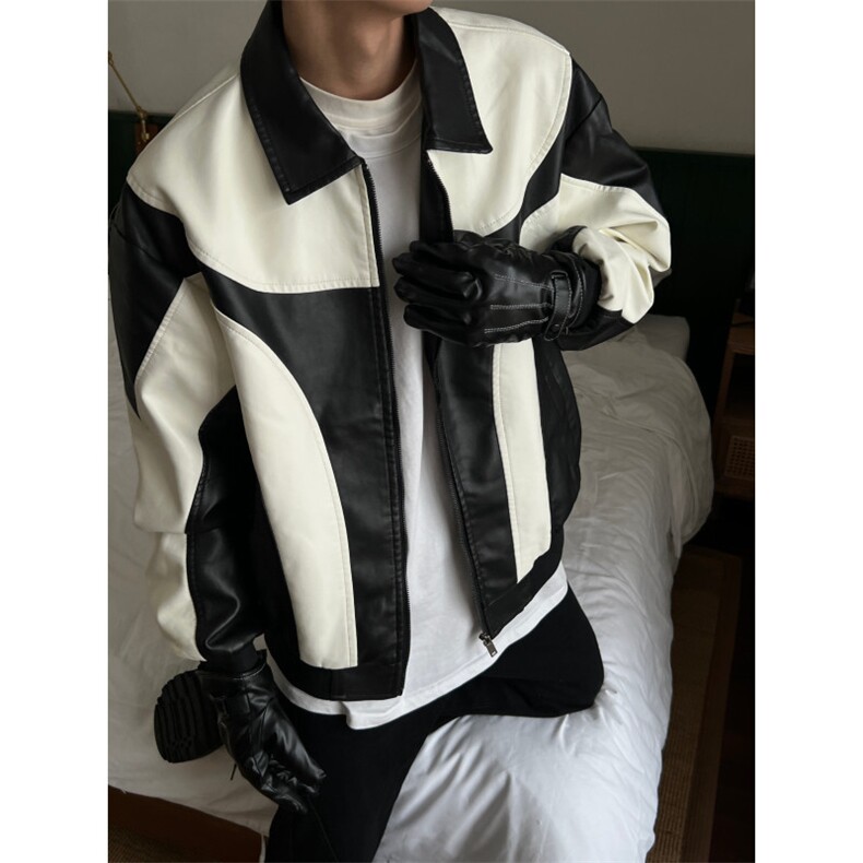 复古拼色皮衣外套男秋潮牌街头vintage机车服夹克衫百搭男MF52P75,男装夹克,电商D256A(原A064A)