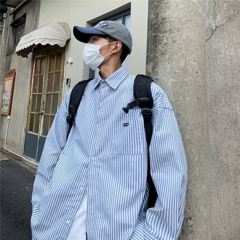 条纹衬衫男长袖日系港风宽松帅气衬衣韩版百搭休闲外套CS224-p30,男装衬衫,星座1008