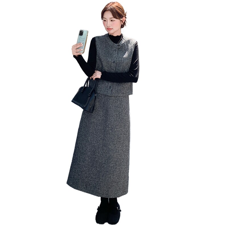 灰色高级感小香风马甲套装裙女2025秋季复古气质轻熟风毛呢三件套,女装套装/套裙,纯色衣恋