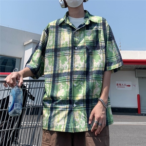 2025美式扎染印花冰丝凉感短袖五分袖格子衬衫 CS1866/特P25 绿3图片