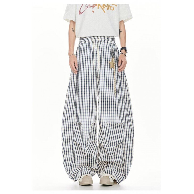 美式复古格子褶皱休闲裤女辣妹伞兵裤阔腿裤潮K04567-P48,男装休闲裤,星座308B-2