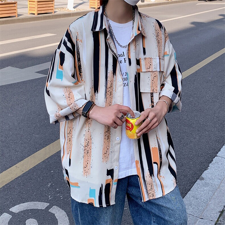 C8045/P35港风夏季条纹个性衬衫男短袖衬衣宽松休闲大码上衣男,男装衬衫,电商A141