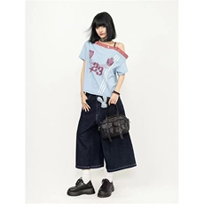 美式高街格子拼接刺绣牛仔短裤女夏季新款宽松直筒中裤阔腿七分裤，男装牛仔裤，星座1210-1