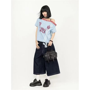 美式高街格子拼接刺绣牛仔短裤女夏季新款宽松直筒中裤阔腿七分裤图片