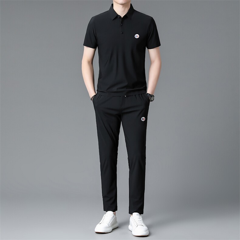 夏季男式短袖长裤透气两件套运动休闲翻领修身t恤套装，男装休闲套装，电商B360