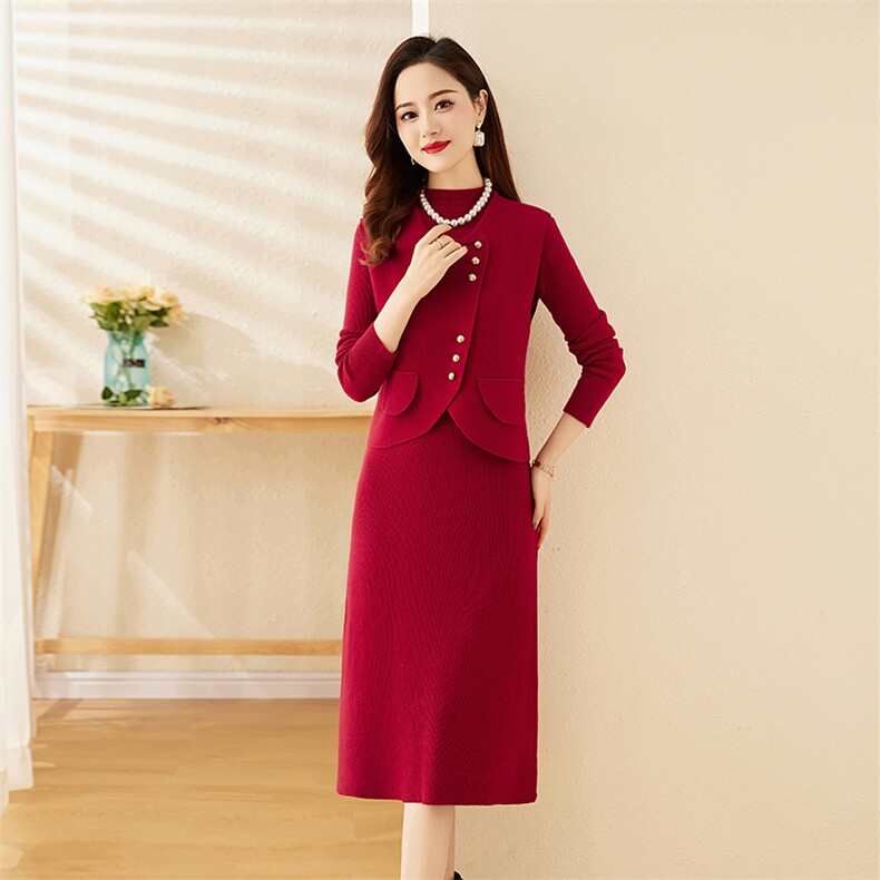 现货！2024新款美拉德风时尚气质款六粒扣双口袋两件套连衣裙女,女装套装/套裙,宝儿家
