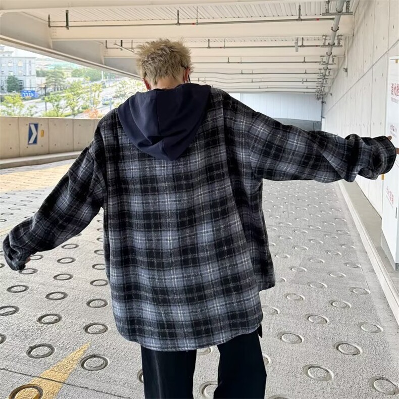 格子连帽长袖衬衫女2024春秋季新款宽松呢料衬衣外套夹克C29/P54,男装夹克,星座506