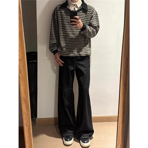 潮牌假两件Polo领卫衣男秋季高街设计感条纹上衣美式重磅情侣外套图片