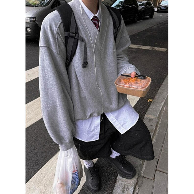 灰色简约基础款v领卫衣男生学院风宽松百搭休闲套头上衣W111,男装卫衣,星座1116A（原606A-3）