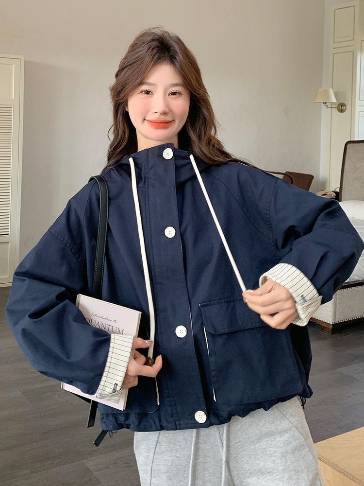 韩版设计感条纹拼接廓形短外套女2025春新款休闲气质减龄连帽上衣,女装风衣,浙宝285（原212）