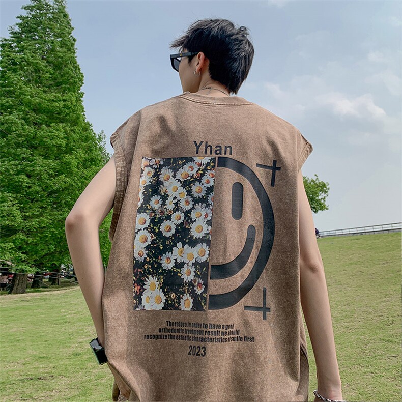 抖音供货、230克现货水洗棉印花宽松版无袖背心D223A-SB2346-P35,男装背心/马甲,电商019-1