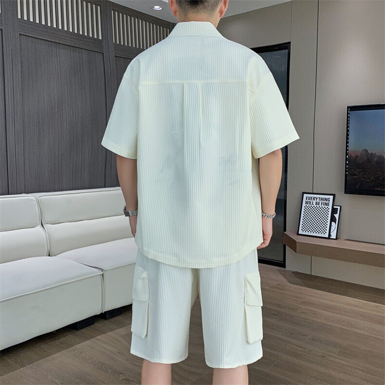 T618-P88夏季薄款衬衫套装男士宽松潮流纯色透气千鸟格两件套,男装衬衫,星座507A（原星座306B-2）