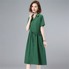 2021夏季新款简约时尚气质V型翻领抽绳系带收腰中长款连衣裙，女装连衣裙，鑫鑫格