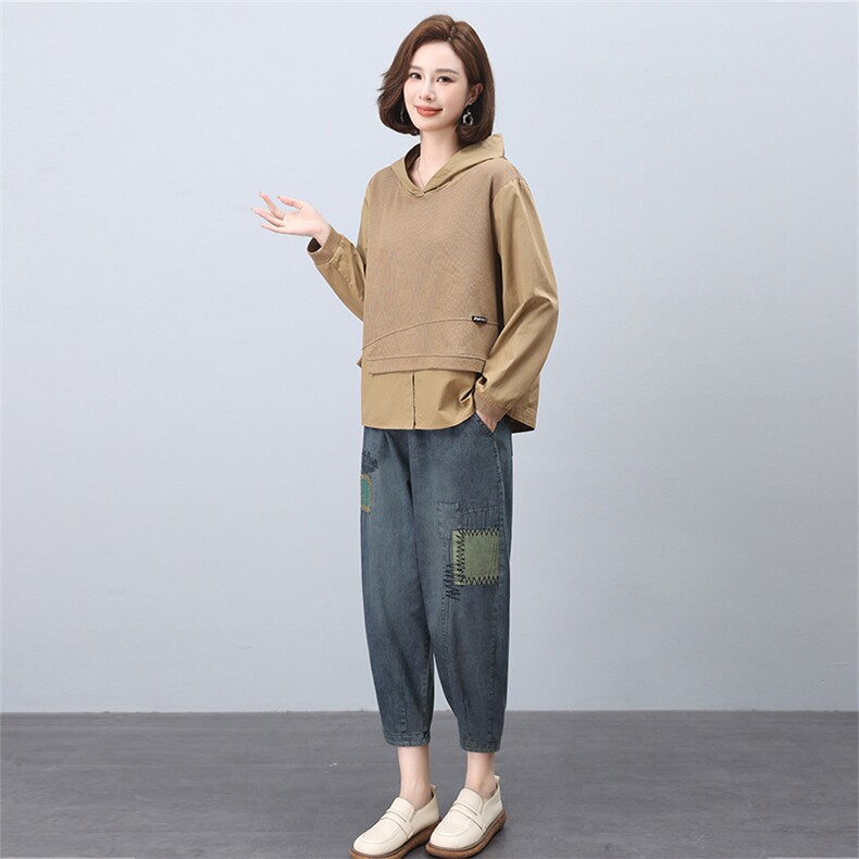 时尚休闲女装套装宽松显瘦长袖上衣+牛仔裤两件套舒适百搭日常穿搭,女装套装/套裙,叶笙衣