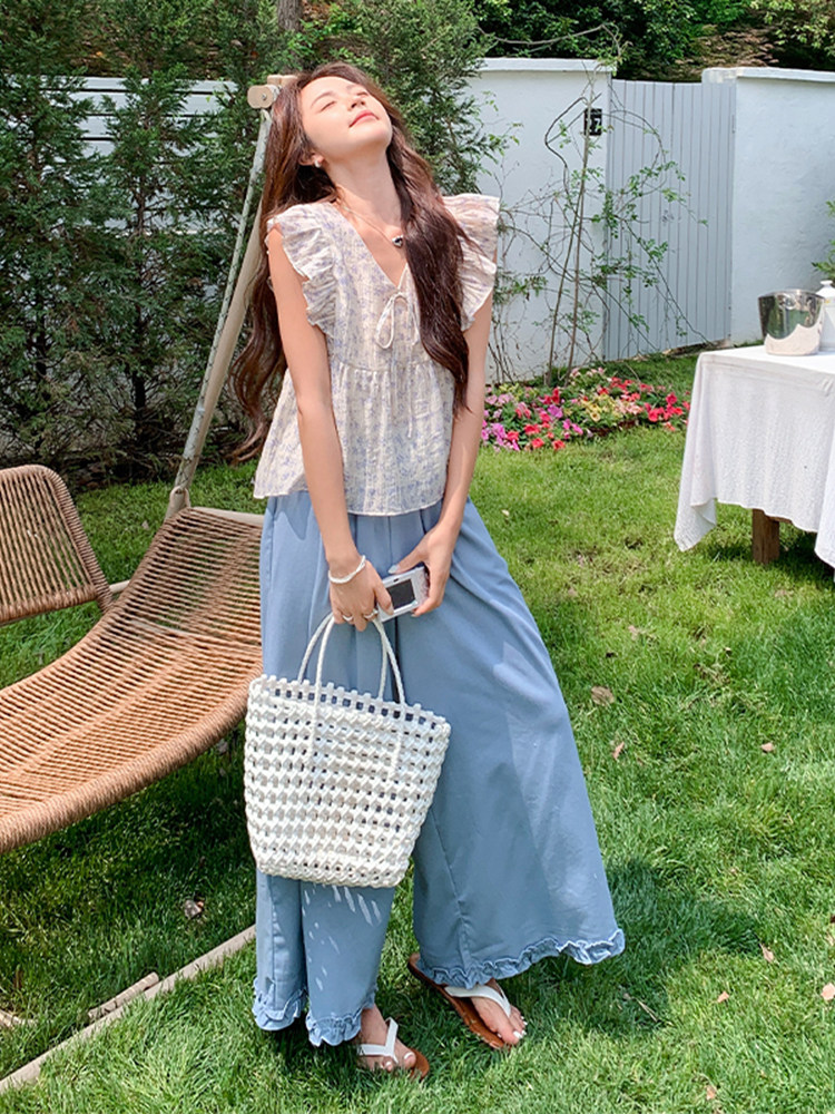 甜美减龄荷叶边V领上衣套装女2025年夏季新款松弛感阔腿裤两件套,女装套装/套裙,浙宝220