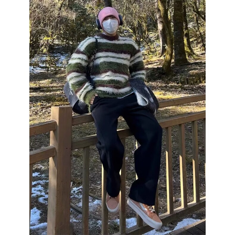马海毛针织衫男士韩版软糯毛线衣慵懒风绿色条纹毛衣宽松圆领上衣,男装针织衫/毛衣,星座506A