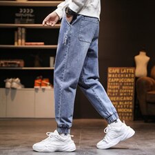 夏季潮流男休闲裤字母印花腰部抽绳收脚时尚百搭牛仔裤K805-P45，男装休闲裤，电商A128