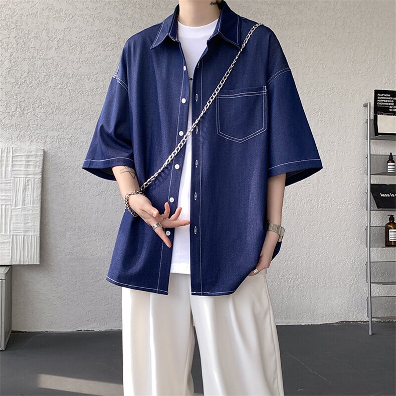 8XL-M冰丝牛仔短袖衬衫男款夏季薄款宽松慵懒衬衣外套DC28006P60,男装T恤,电商B312