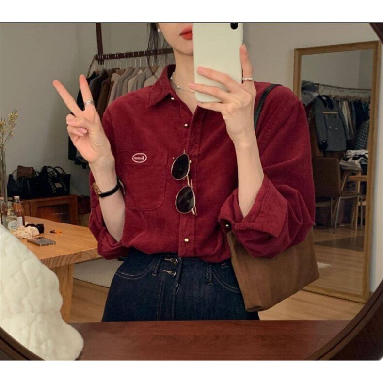 TC657-p45圣诞红灯芯绒长袖衬衫女早春新款百搭设计感小众上衣，女装衬衫，星座617A-2