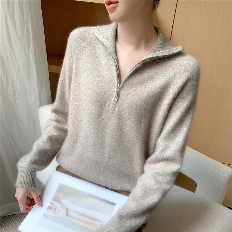 2025新款7针重工加厚花纱半拉链,女装羊绒衫,百越羊绒