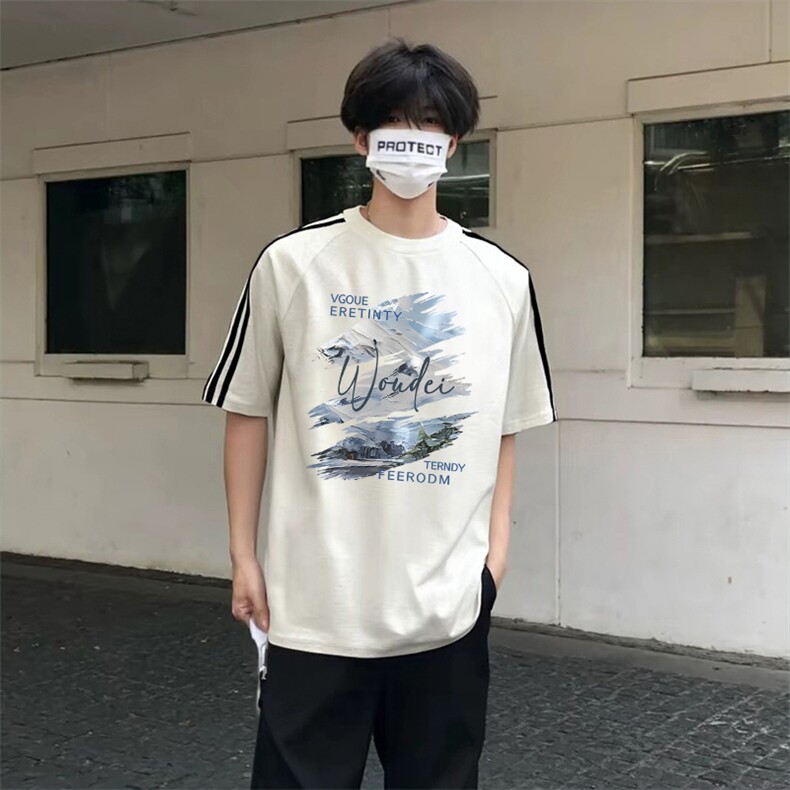 抖音得物高品质二开240克宽松纯棉美式潮牌三条杠织带短袖T恤,男装T恤,电商A486-1