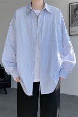 春夏条纹衬衫男长袖薄款痞帅高级感宽松慵懒风大码衬衣CS29003P45，男装衬衫，电商B312