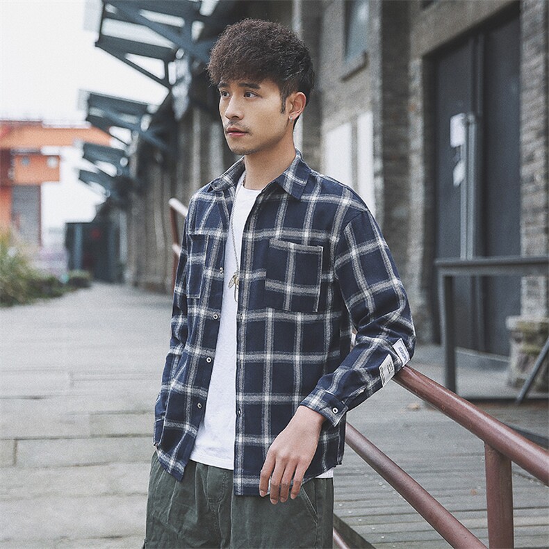 2021春季外景日系大码男休闲格子宽松纽扣翻领衬衫C503-P45,男装衬衫,电商A001
