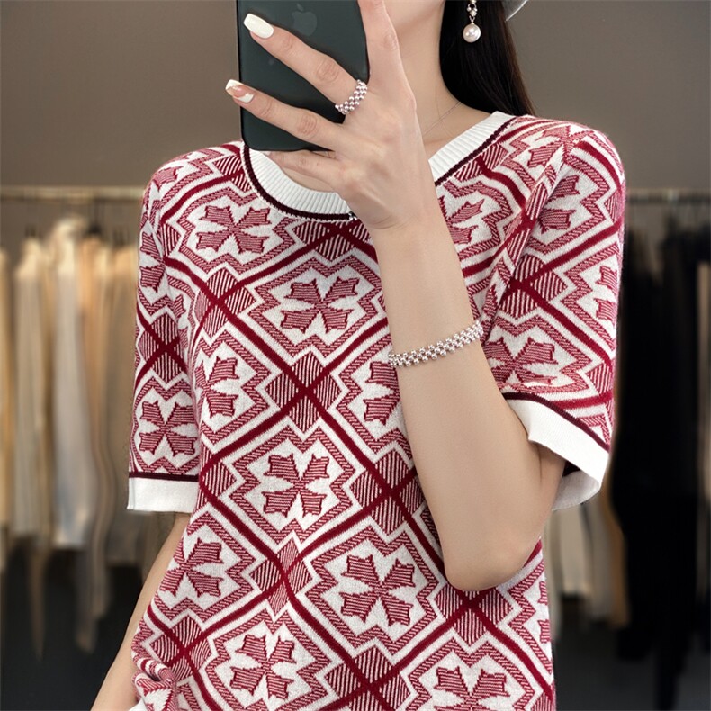 2023春夏新款100%全棉短袖女青花瓷T恤洋气纯棉线针织半袖小众潮,针织衫/毛衣,斯美雅电商供货