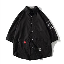 2021夏季新日系大码男网格挂拍印花绣标宽松七分袖衬衫C553-P40，男装衬衫，电商A001