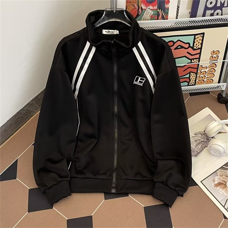 潮条纹卫衣夹克男女同款秋季宽松休闲拼接美式复古外套J65/P50图片