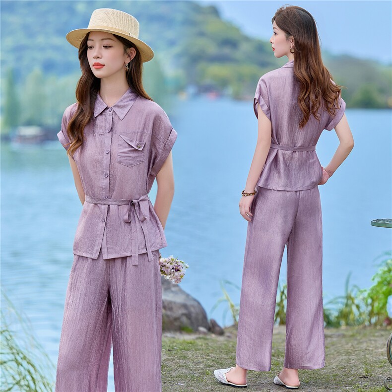 2026年夏季新款时尚收腰文艺风系带阔腿裤套装,女装套装/套裙,依恋蒂丝