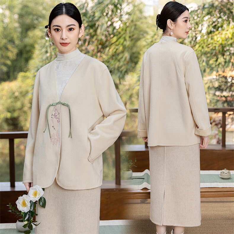新中式国风禅意女装茶艺师服装改良汉服唐装上衣旗袍外搭开衫,女装毛呢外套,芷墨服饰